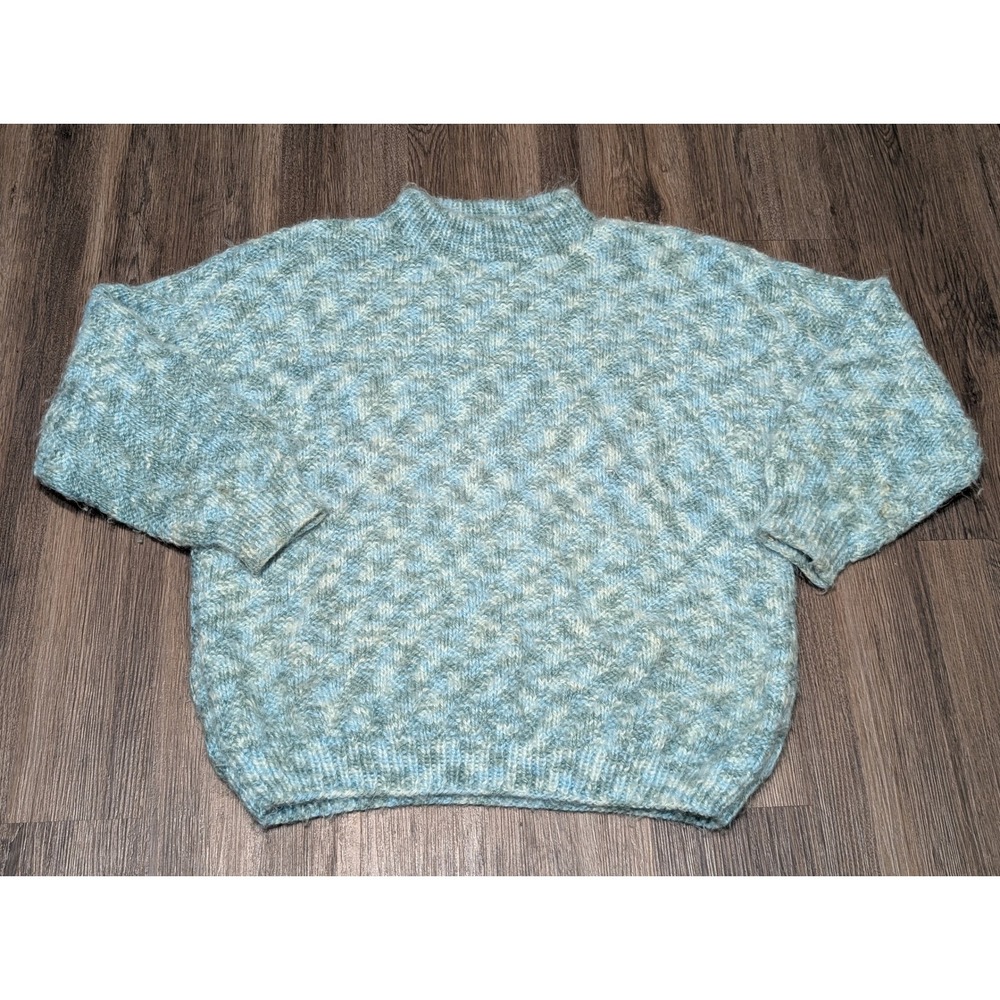 Vintage Jane Newman Handmade Knit‎ Sweater Blue Green Mock Neck Pullover READ